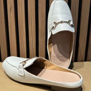 Women’s Cream Slip-On Loafer Mules with Rose Gold Bit Detail